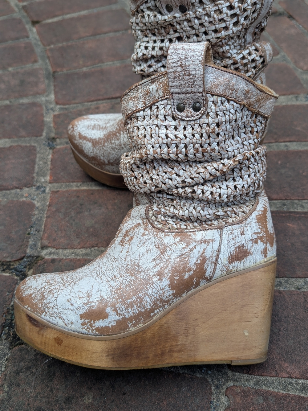 Bed Stu Beige and White Woven Leather Wedge Platform Boots
